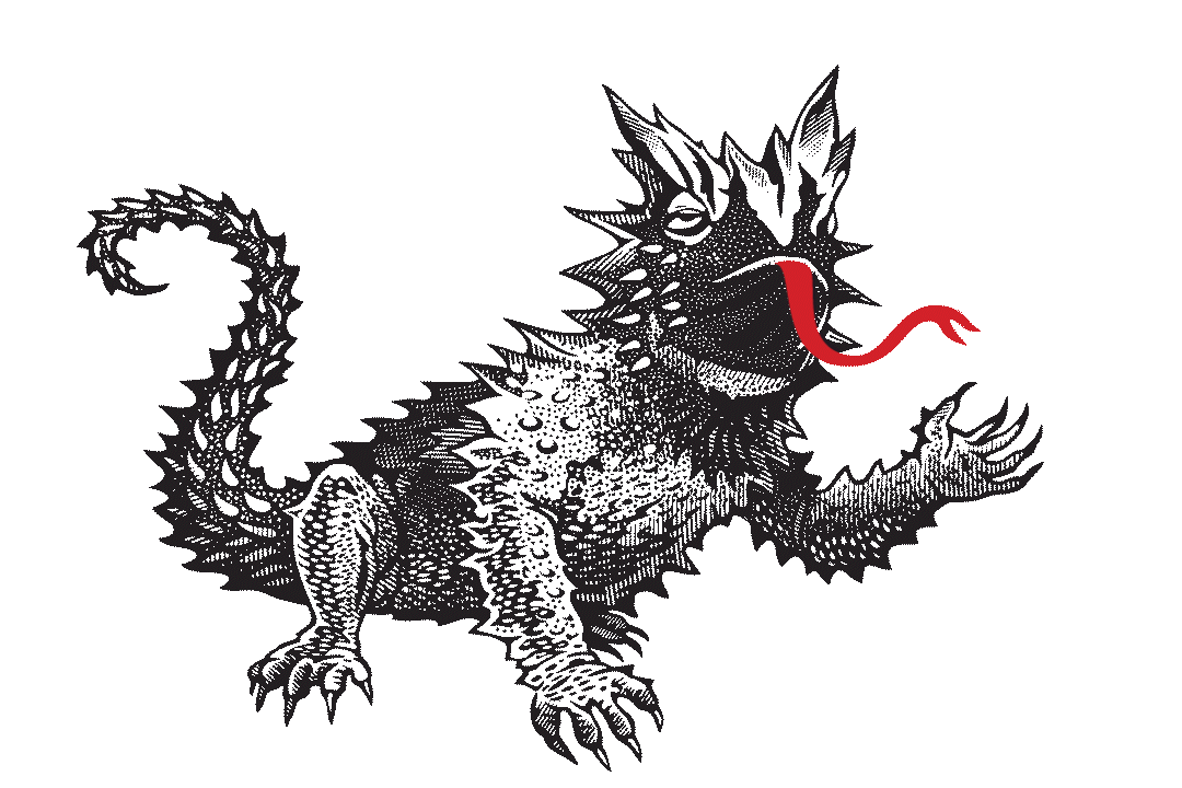 Illustration of Thorny the thorny devil, mascot of the Devil's Tongue Hot Cinnamon Whisky brand