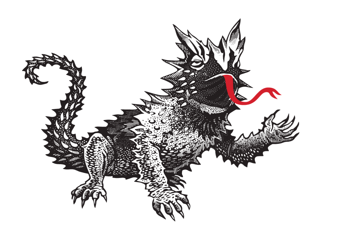 Illustration of Thorny the thorny devil, mascot of the Devil's Tongue Hot Cinnamon Whisky brand